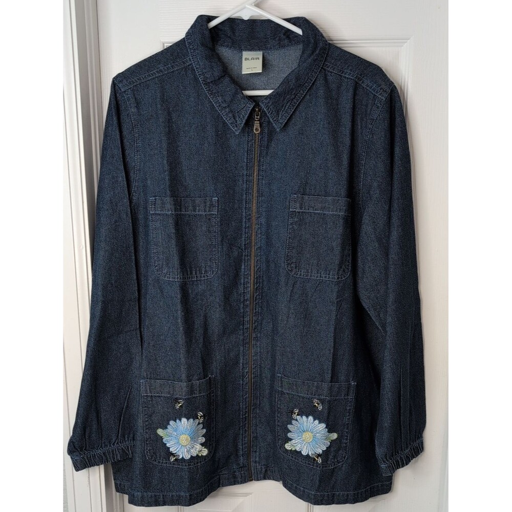 Blair 100% Cotton Dark Blue Denim Zip Jacket with Floral & Bee Patches Size L